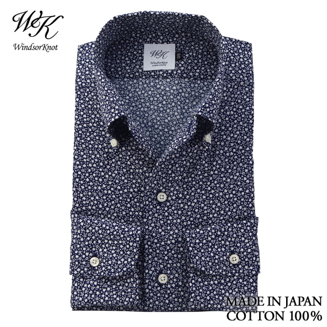 ウィンザーノット コットンローン プリント ボタンダウン ワンピースカラー 日本製 綿100% スリム ドレスシャツ