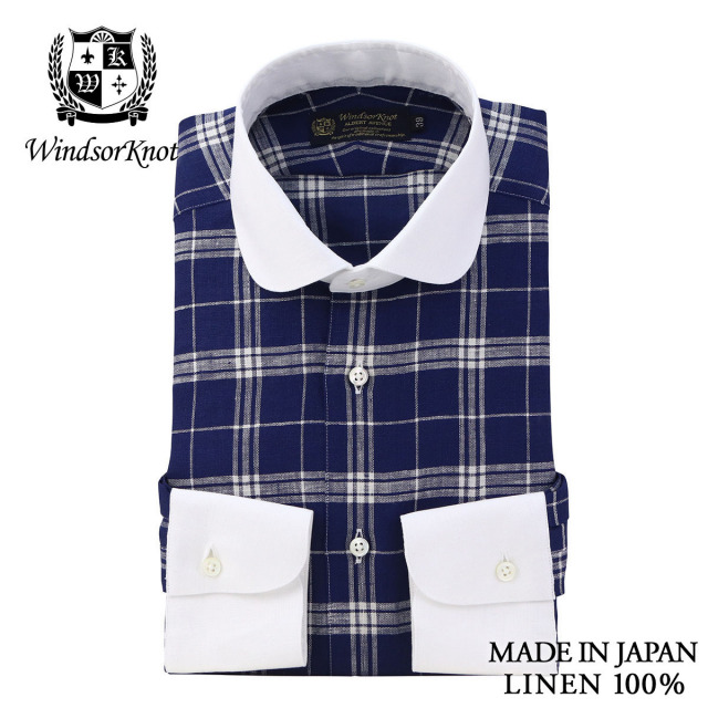 ウィンザーノット リネン ラウンドカラー クレリック ドレスシャツ タータンチェック ネイビー 麻100% 日本製 スリム