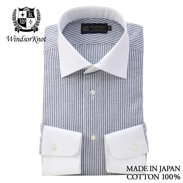 ウィンザーノット シアサッカー クレリックシャツ ワイドカラー ネイビー ストライプ スリム ドレスシャツ 日本製 綿100%