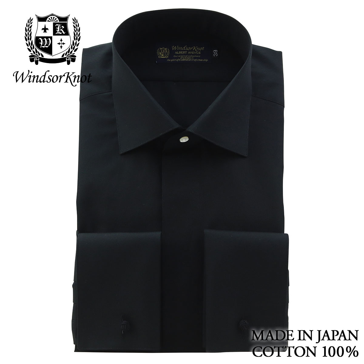 ドレスシャツ ワイドカラー フライフロント ダブルカフス ブラック